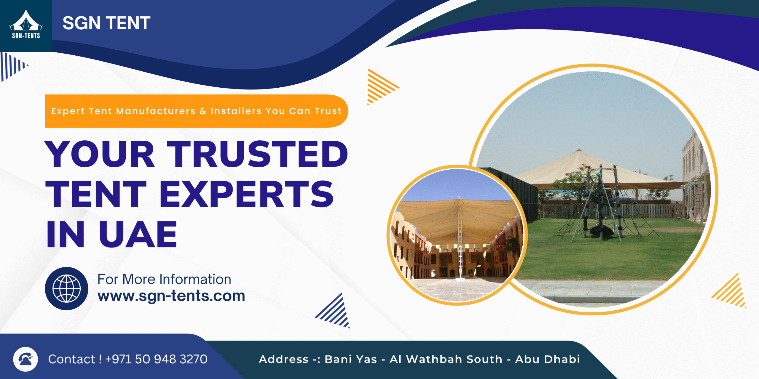 Blue and Orange Modern Tent Rental Services Banner Landscape (1)