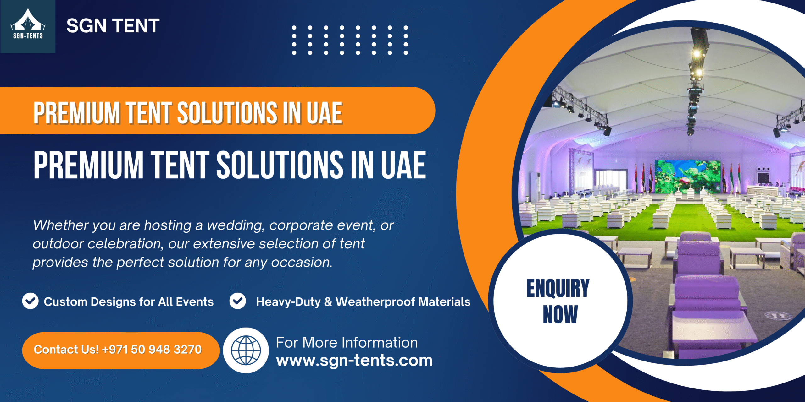 Blue and Orange Modern Tent Rental Services Banner Landscape